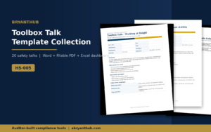 Toolbox talk template collection with 20 safety topics, Word and fillable PDF templates with delivery dashboard by BryantHub