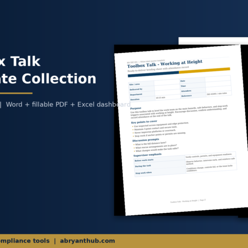 Toolbox talk template collection with 20 safety topics, Word and fillable PDF templates with delivery dashboard by BryantHub